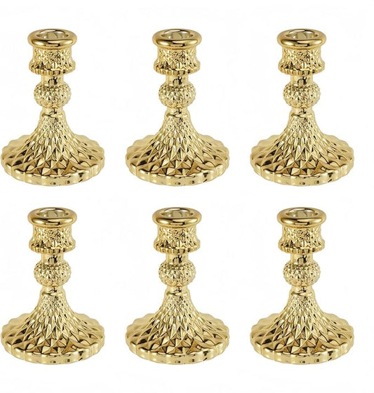 Glass Candlestick Holder,Striped Taper Candle Holders,Set of 6 Candle Stand for Table Centerpieces, Home Decor,Weddings,Festival and Parties (Gold Diamond)