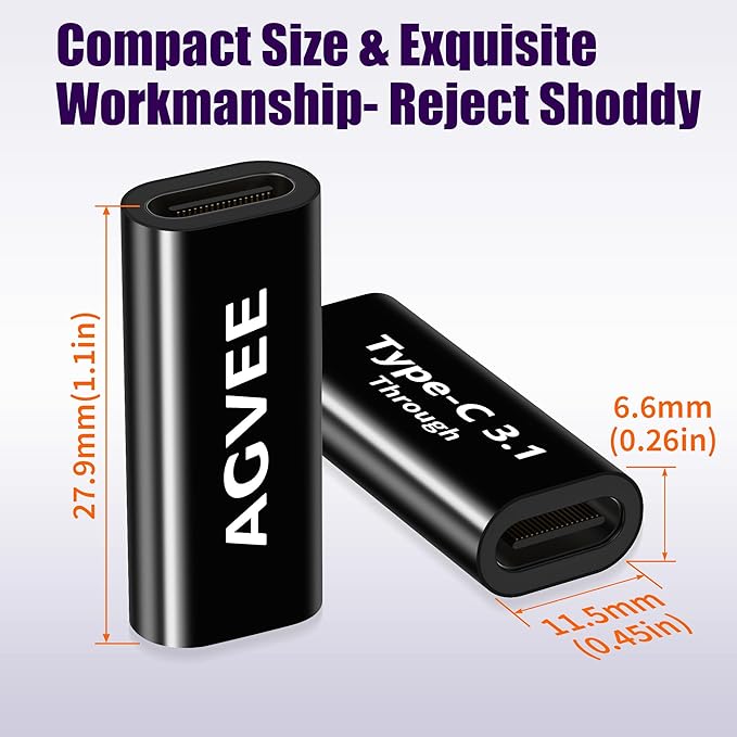 AGVEE 4 Pack USB-C Female to Female Bidirectional Adapter, PD 100W USB 3.2 Gen 2, Type-C USBC 10G Data Coupler Extender Extension Converter Connector, Black