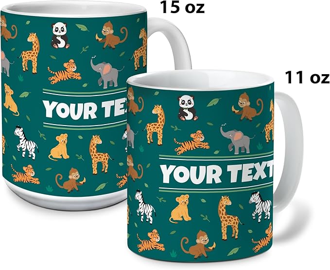 Personalized Mug for Kids - Zoo Animals - Custom Name/Text, Ceramic Hot Chocolate/Cocoa/Coffee Cup for Boys/Girls, Birthday/Christmas/Holiday Gift - 11 oz, Black Handle