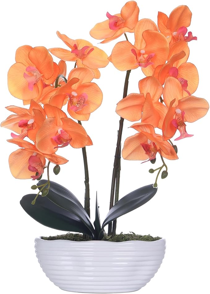 Large Artificial Potted Orchid Plant, Silk Flower Arrangement with Ceramics Vase, Orange