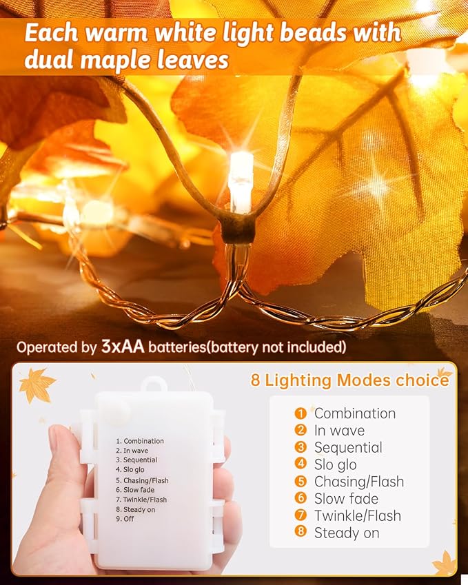 Luditek 8 Lighting Modes & Timer Fall Decorations for Home Maple Leaf Garland with Lights 40LED Battery Operated Waterproof String Lights, Thanksgiving Halloween Fall Decor Indoor Outdoor Autumn