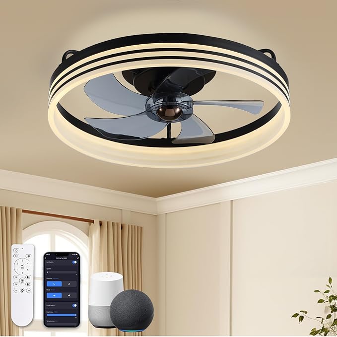 Smart Ceiling Fan with Lights and Alexa/Google Assistant/APP Control, 20" Low Profile Fan with 6 Speeds, for Bedroom, Living Room, Patio