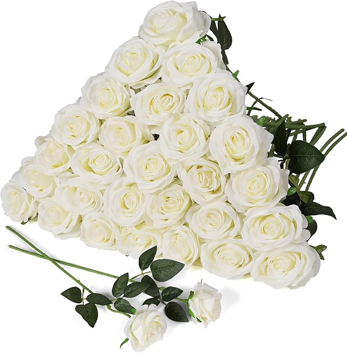 JUSTOYOU 30PCS Artificial Roses Silk Flowers in Bulk, Realistic White Fake Roses for Wedding Decorations, Home Decor, Centerpieces, Indoor Floral Arrangements