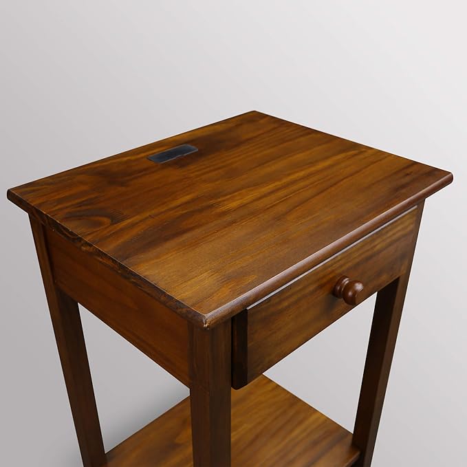 Casual Home Owl Night Stand with USB Port Charging Station and Drawer, 17.5"W x 14.25"D x 24.5"H, Warm Brown
