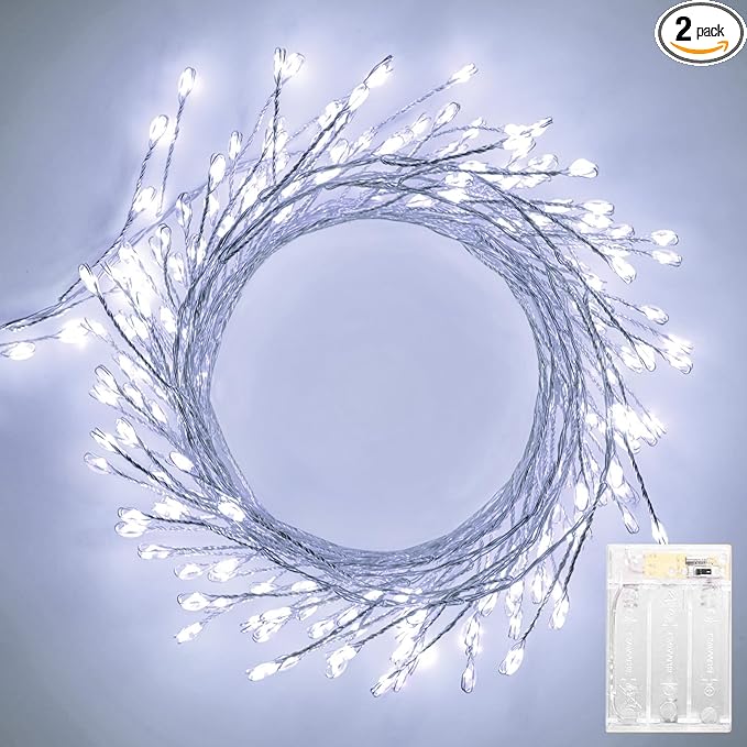Pure White Battery Operated Fairy Lights, 2 Pack Totally 20 FT 240LED Twinkle Firecracker String Lights, Waterproof Cluster Lights for DIY Indoor Wreath Wedding Bedroom Christmas Decoration