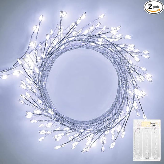 Pure White Battery Operated Fairy Lights, 2 Pack Totally 20 FT 240LED Twinkle Firecracker String Lights, Waterproof Cluster Lights for DIY Indoor Wreath Wedding Bedroom Christmas Decoration