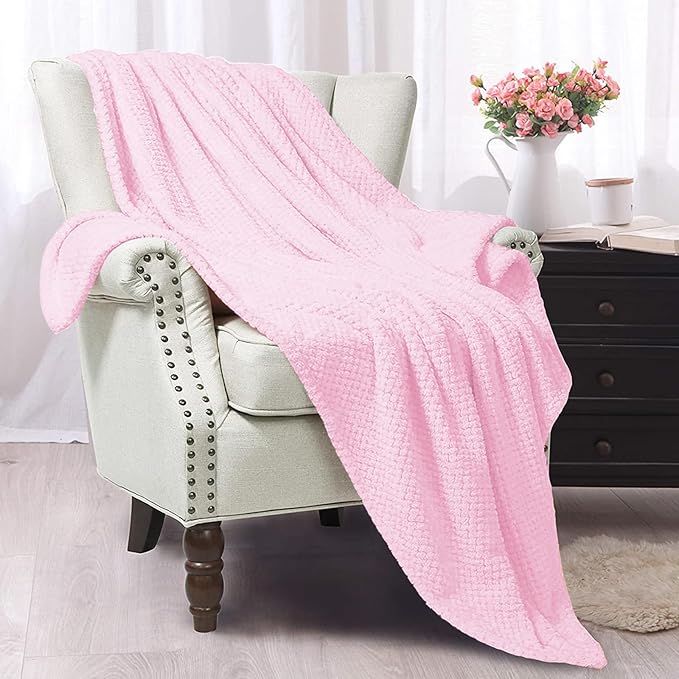 Exclusivo Mezcla Fleece Throw Blanket Extra Large, Super Soft and Warm Blankets for Couch, Sofa and Bed Waffle Textured, Cozy, Fuzzy and Lightweight (Light Pink, 50x70 Inches)