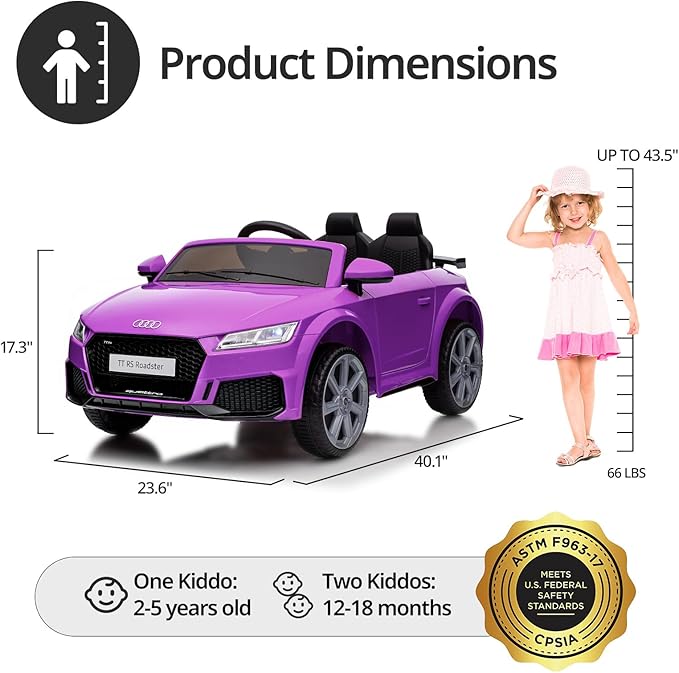 Licensed Audi Electric Kids Car, 12V Kids Ride-on Toy Car for Toddlers w/Remote - Purple