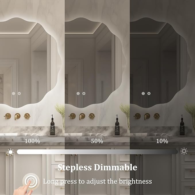 WallBeyond LED Bathroom Mirror with Lights, 28'' Wavy Round Light Up Bathroom Mirror, Anti Fog Led Mirror for Bathroom, 3 Colors and Dimmable Light