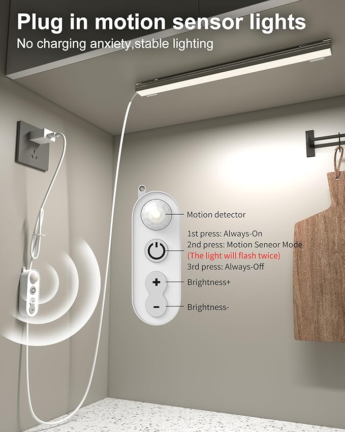 ASOKO Motion Sensor Dimmable Led Under Cabinet Lighting,12 inches Plug in Led Counter Light Bars, Daylight White 4500K Led Light Bar for Kitchen/Closet/Wardrobe/Shelf/Desk/Display Case