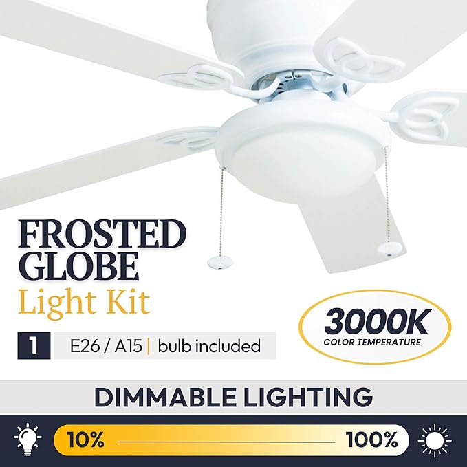 Prominence Home Benton Traditional 52 Inch Ceiling Fan with Light, LED Flush Mount Ceiling Fan, Indoor Fan with 5 Blades, White and Gray Oak Blade Finish Options, White (50852-01)