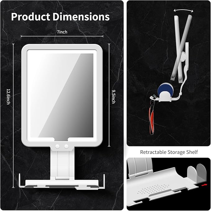 Lighted Shower Mirror Fogless for Shaving, Heated Fog Free Large 9.5*7inch 3 Color Modes Dimming Shower Shaving Mirror with Light, Rechargeable Anti-Fog Shower Mirror with Storage Tray & Razor Holders