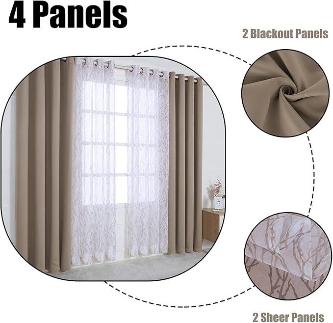 BONZER Mix and Match Curtains - 2 Pieces Branch Print Sheer Curtains and 2 Pieces Blackout Curtains for Bedroom Living Room Grommet Window Drapes, 54x108 Inch/Panel, Taupe, Set of 4 Panels