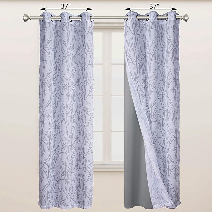 BONZER Mix and Match Curtains - 2 Pieces Branch Print Sheer Curtains and 2 Pieces Blackout Curtains for Bedroom Living Room Grommet Window Drapes, 37x95 Inch/Panel, Light Grey, Set of 4 Panels