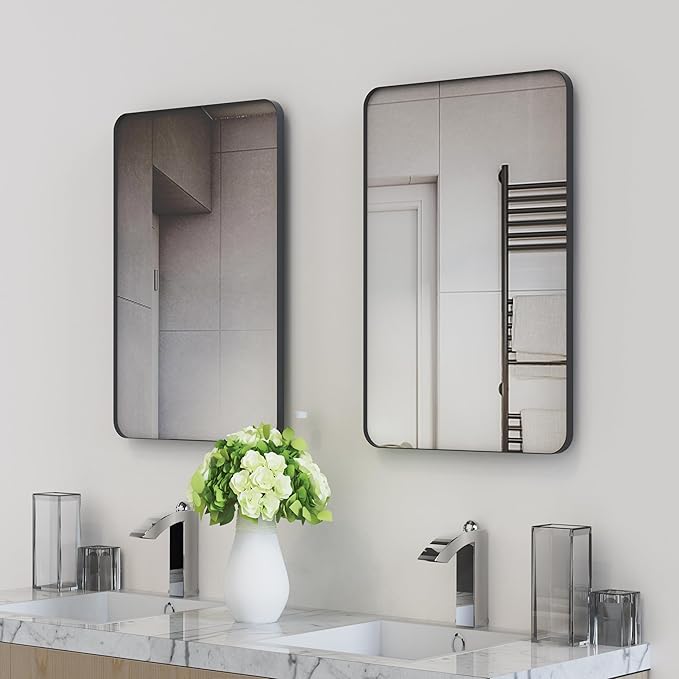 VocalStar Black Metal Framed Bathroom Mirror for Wall, 16 x 24 Inch Rounded Rectangle Matte Black Bathroom Vanity Mirror Farmhouse, 1/4-inch Shatterproof Glass | Ultra-Flush Hanging