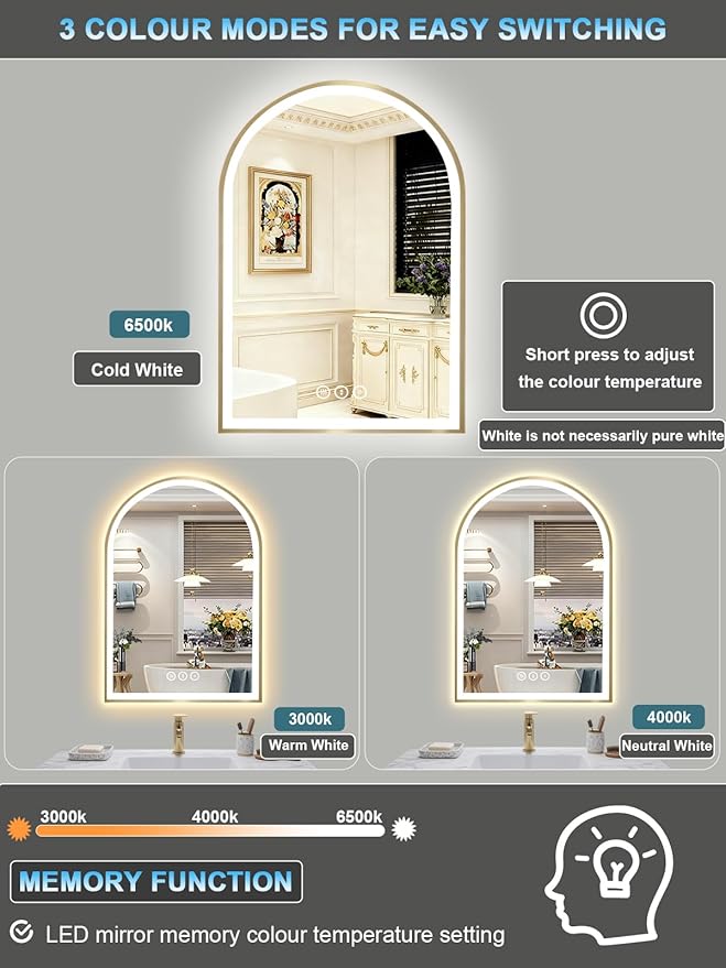20x30 Inch Arch LED Bathroom Mirror, Gold Lighted Bathroom Mirrors Wall Mounted, Vanity Mirror with Anti-Fog, Memory Function, 3 Color Temperature, Dimmable Led Mirror for Bathroom