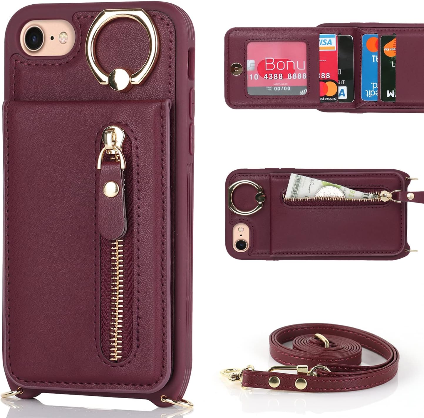 iPhone 7 8 SE (2020) Case with Card Holder, Red Wine Wallet with Strap, Credit Card Slots, Crossbody Kickstand