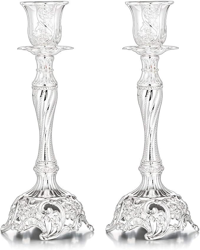 Sziqiqi Silver Plated Candlestick Holders Set of 2 Taper Candle Holders Deluxe Ornate Candle Holders for Shabbat Taper Candles, Candle Centerpiece, Wedding Candles, Christmas Candle, 7.4inch