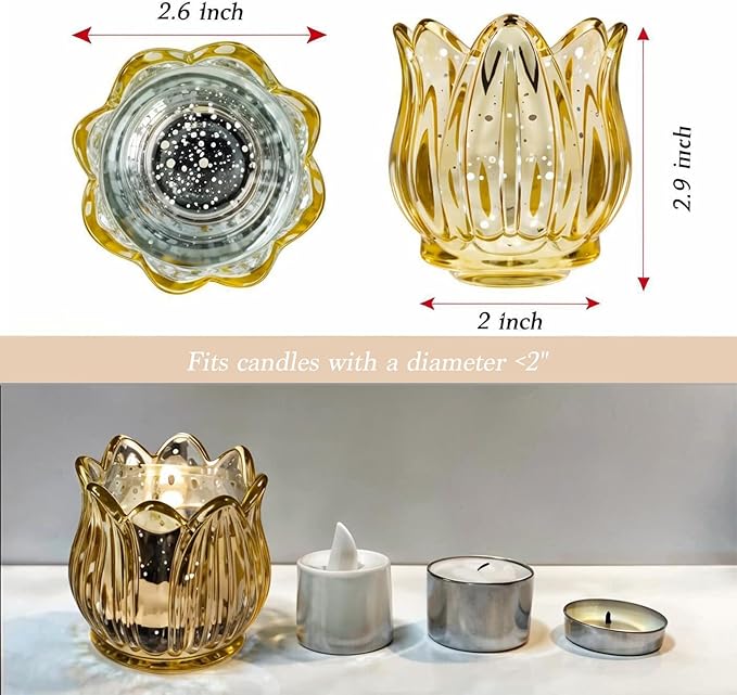 Tulip Votive Candle Holders Set of 12, Tea Light Candle Holder Glass for Table Centerpiece, Tealight Candle Holders for Wedding Déco, Birthday, Anniversary, Parties, and Holiday (Glod)