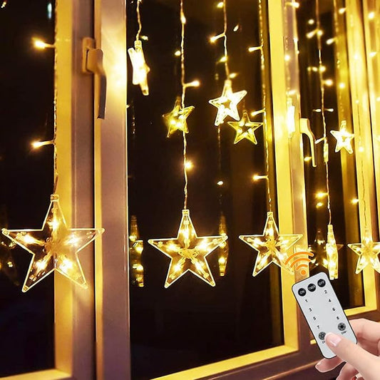TOFU Star Curtain Lights, 108 Led 12 Stars Remote Window Curtain String Lights Plug in with 8 Flashing Modes Decoration for Christmas, Wedding, Bedroom, Party, Birthday, 7.3ft W, 3.3ft H, Warm White