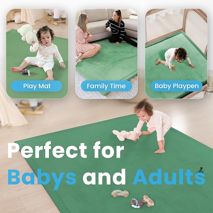 Ultra Soft Baby Play Mat,79"×79" Extra Large Activity Tummy Time Mat for Toddlers,Infants,Kids,1.3" Thick Elasti-Foam Nursery Rug for Floor,Non-Slip Safe for Crawling,Water-Repellent(Emerald)