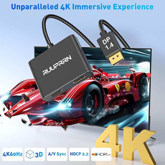 4K@60Hz DisplayPort to Dual HDMI Adapter, DP 1.4 Source to HDMI 2.0 Splitter for Dual Monitors, Display Port to HDMI Splitter 1 in 2 Out Extended Display, for PC,NVIDIA, AMD Graphic Card