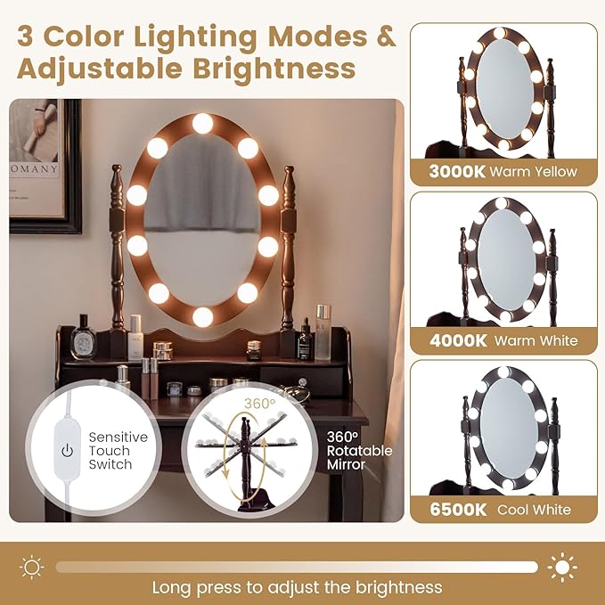 CHARMAID Girls Makeup Vanity Desk with Lights, Vanity Table with Lighted Mirror, 3 Lighting Modes, Adjustable Brightness, Modern Makeup Table with 3 Drawers and Stool for Small Space (Espresso)