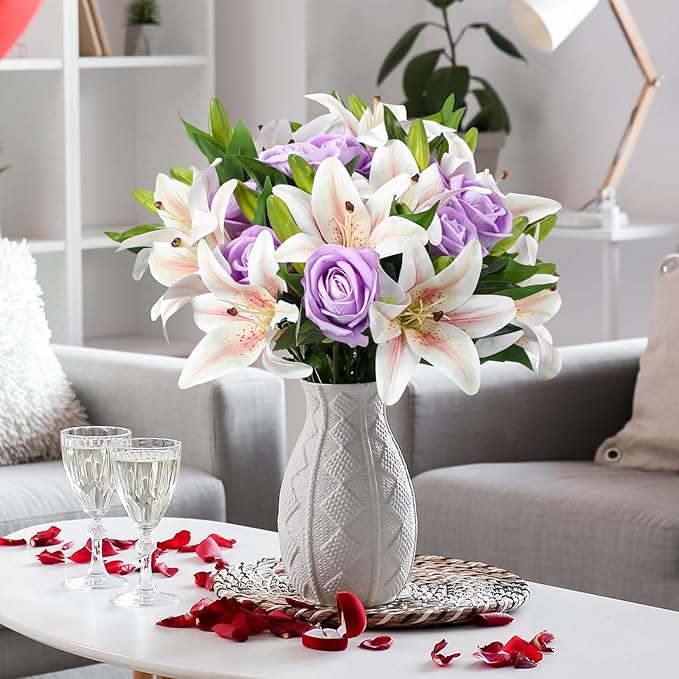 Hotop 20 Pcs Artificial Flowers Velvet Realistic Roses and Latex Lilies Flowers Bouquet Decorations Arrangements for Home Table Centerpieces Independence Day(Purple, White)