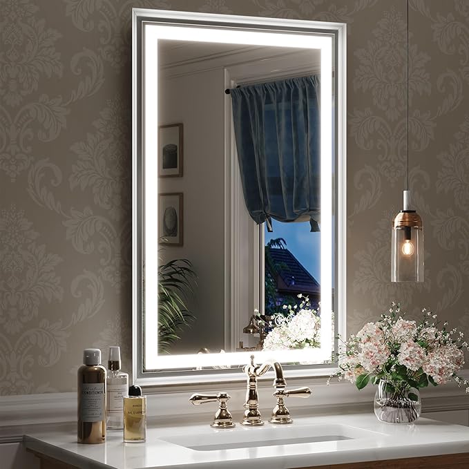 LED Bathroom Mirror, 24“x36“ Lighted Bathroom Mirror with Metal Framed, Extremely Bright LED Mirror for Bathroom, 3 Colors Dimmable, Anti-Fog, Memory, Wall Mounted Lighted Vanity Mirror