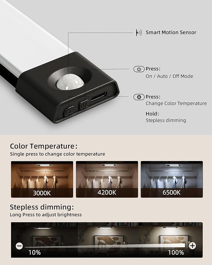 EZVALO Under Cabinet Lighting, Wireless Closet Lights, 30 LED Rechargeable Motion Sensor Light, Dimmable, 3 Color Temperatures, Counter Lights for Kitchen, Pantry, Bedroom, Wardrobe(3 Pack, Black)