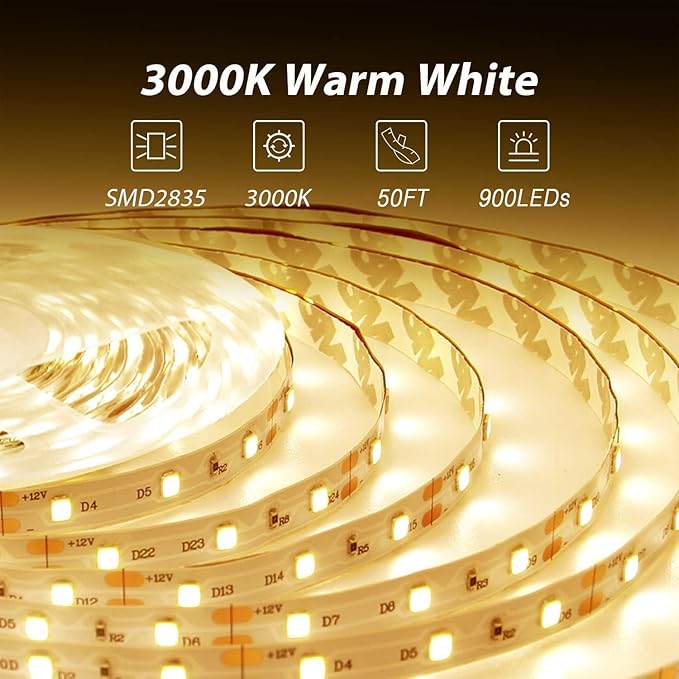 dalattin Warm White LED Strip Lights 50ft, Led Lights Strip Dimmable Bright 24V 3000K, 900 LEDs Lights for Bedroom, Mirror, Kitchen, Strong Adhesive（2 Rolls of 25ft）