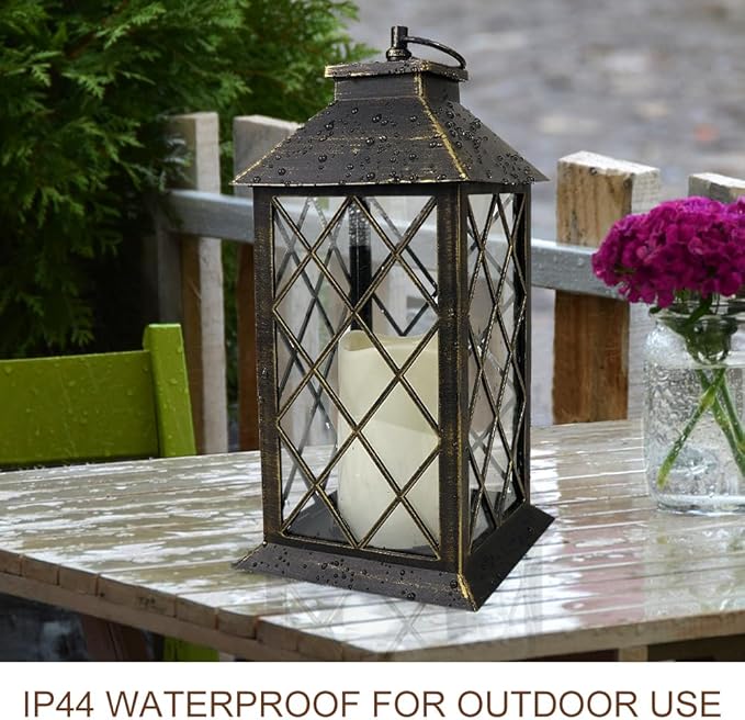 Bright Zeal 13.5" Outdoor Candle Lantern Decorative with LED Pillar Candle Battery Powered (Distressed Gold, 6hr Timer) - IP44 Waterproof Decorative Tabletop Lanterns Hanging Lanterns Indoor Outdoor