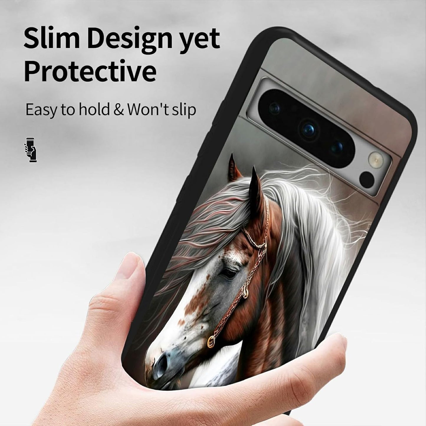 Horse Phone Case for Google Pixel 8 Pro, Slim Black Soft TPU Shockproof Protective Case