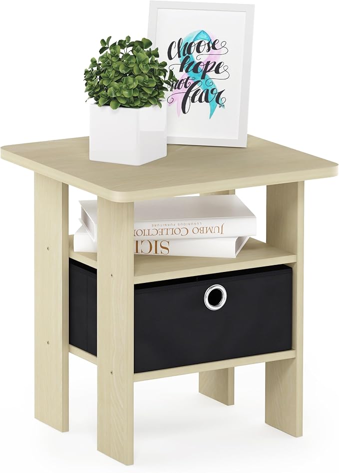 Furinno ANDREY Side Table, End Table, Night Stand with Open Shelves and Storage Bin, Bedside Table, for Living Room, Bedroom, Steam Beech