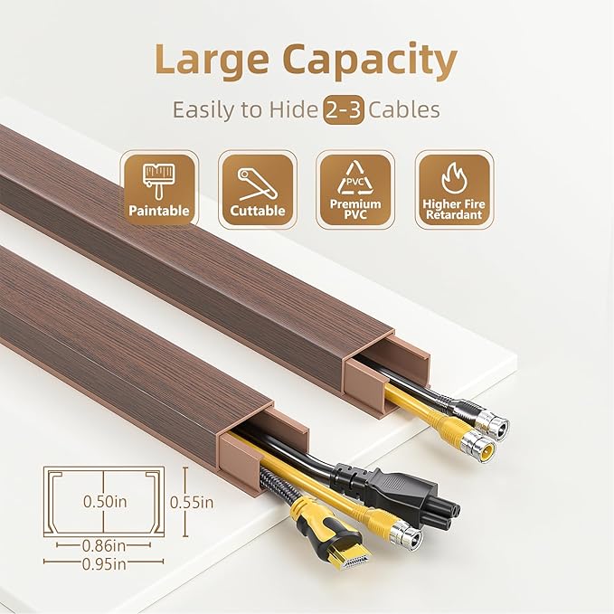 Delamu Cord Hider, 85in Cord Covers for 2-3 Wires on Wall, Self-Adhesive Cable Hider, PVC Wire Hiders Wire Covers for TV Cords on Wall, Easy Mount Cable Cover Raceway Kit, W0.95 H0.55in, Cherrywood