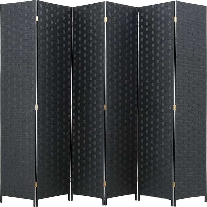 Room Divider Wood Screen 6 Panel Folding Portable Partition Screens Wooden Mesh Woven Design Room Screen Divider for Home Office (Black)
