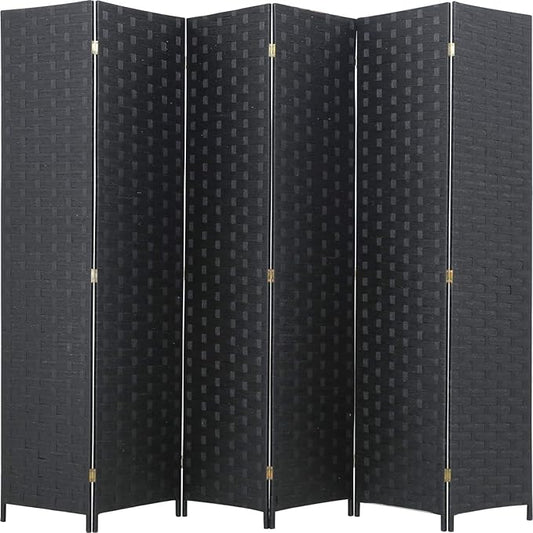 Room Divider Wood Screen 6 Panel Folding Portable Partition Screens Wooden Mesh Woven Design Room Screen Divider for Home Office (Black)