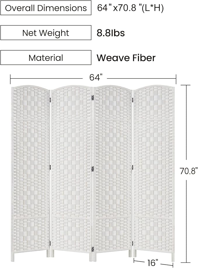 Rose Home Fashion Room Divider, 6 ft Tall Room Dividers and Folding Privacy Screens, 16in Privacy Screen 4 Panel White Space Temporary Wall Foldable Partition Separation