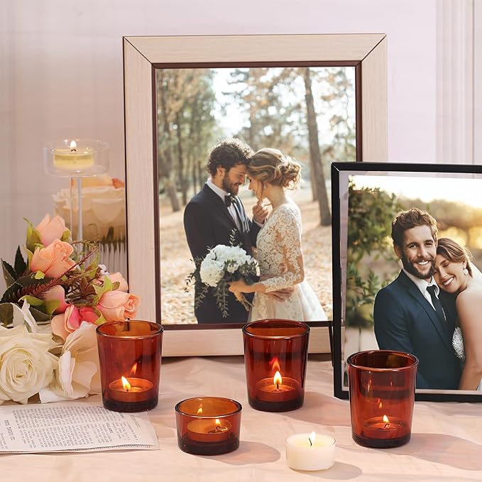 12pcs Assorted Amber Votive Candle Holders, Glass Candle Holder for for Fall Decor, Amber Tealight Candle Holder for Table Centerpiece, Wedding and Party Decor
