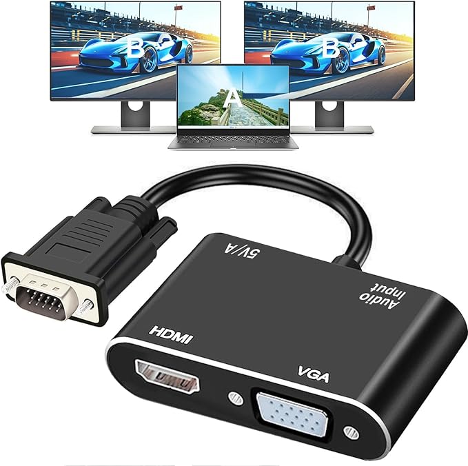 VGA to HDMI+VGA Adapter for Dual Monitors, VGA to HDMI Adapter Splitter 2 in 1,1080P@60HZ Full HD Display Video Converter for PC Laptop Link Monitor/HDTV/Projector (for Windows & MaC os)