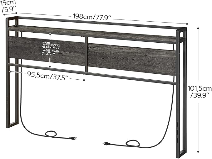 HOOBRO King Size Headboard, Headboard with 2 Outlets and 4 USB Ports, Adjustable Height, Storage Rack, Sturdy and Stable, Easy Assembly, Charcoal Gray and Black