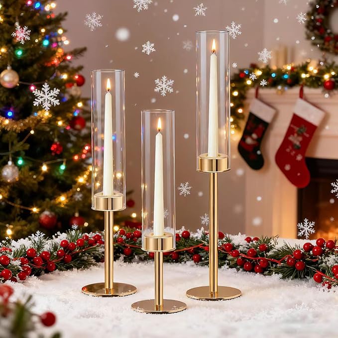Glass Hurricane Candlestick Holders, Rose Gold Taper Candle Holder Set, Vintage Candelabra, Great Gift for Home Decor Aesthetic, Birthday Parties, Fireplace Parties,Thanksgiving Day & Christmas