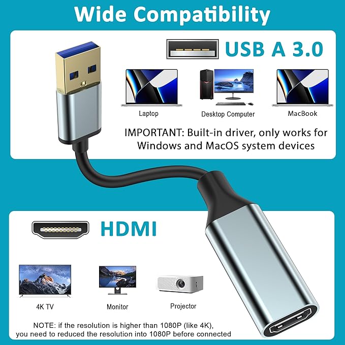 Herfair USB to HDMI Adapter, USB 3.0 A Male to HDMI Female Converter for Laptop/PC to 1080P Monitor TV Screen Projector, Support MacOS & Windows 11/10/8.1/8/7, Driver Install Required