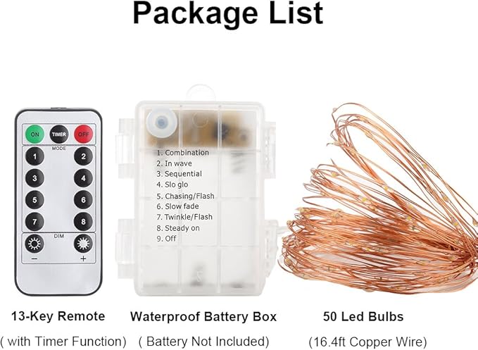 GDEALER 4 Pack 16.4 Feet 50 Led Fairy Lights Battery Operated with Remote Control Timer Waterproof Copper Wire Twinkle String Lights for Christmas Bedroom Indoor Outdoor Wedding Dorm Decor Warm White