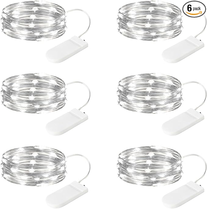 6 Pack White Fairy Lights Battery Operated Lights, 7ft 20 Led Mini String Lights, Waterproof Silver Wire Starry for Mason Jars Wedding Party Centerpiece Table Christmas