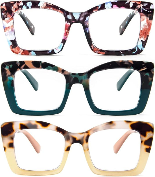 REAVEE Oversized Square Reading Glasses Oprah Style for Women, Blue Light Blocking Large Frame Computer Readers Spring Hinge