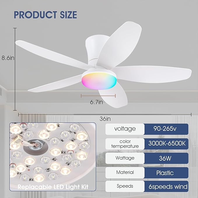 Flush Mount RGB Ceiling Fans with Lights-36 Low Profile Ceiling Fan with Light and Remote/APP Control,DC Reversible,LED Dimmable Ceiling Fans for Bedroom,Indoor/Outdoor Patio Use(White)