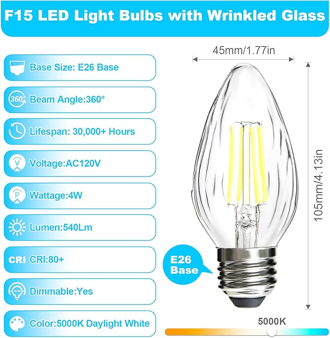 BRIMAX F15 4W LED Light Bulbs, Daylight White 5000K,40W Incandescent Equivalent,Dimmable,E26 Medium Base,Vintage Wrinkle Glass Cover,4 Pack