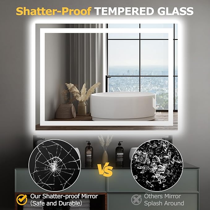 48X36 LED Bathroom Mirror with Lights, Anti-Fog, Dimmable, Backlit + Front Lit, Smart Bathroom Vanity Mirror, Memory Function, Shatterproof, Tempered Glass (Horizontal/Vertical)