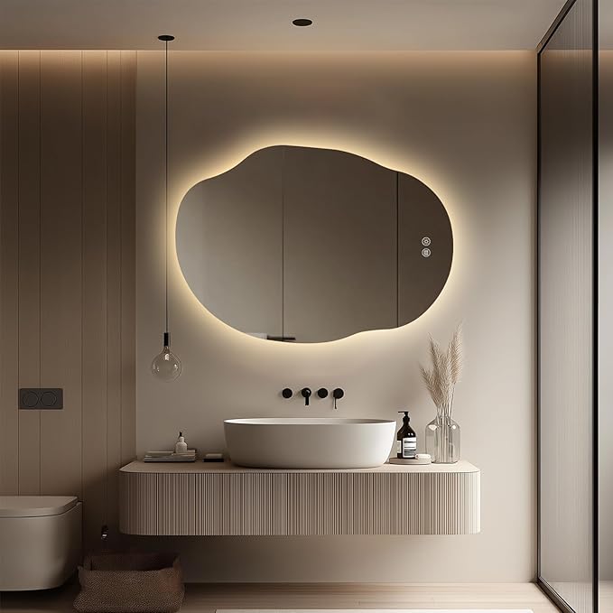 LED Mirror for Bathroom 25x35, Stepless Dimmable Irregular Backlit Mirror with 3 Colors, Anti-Fog, Memory, Al-Alloy Lampshade, Frameless Vanity Mirror for Bathroom (Horizontal/Vertical)